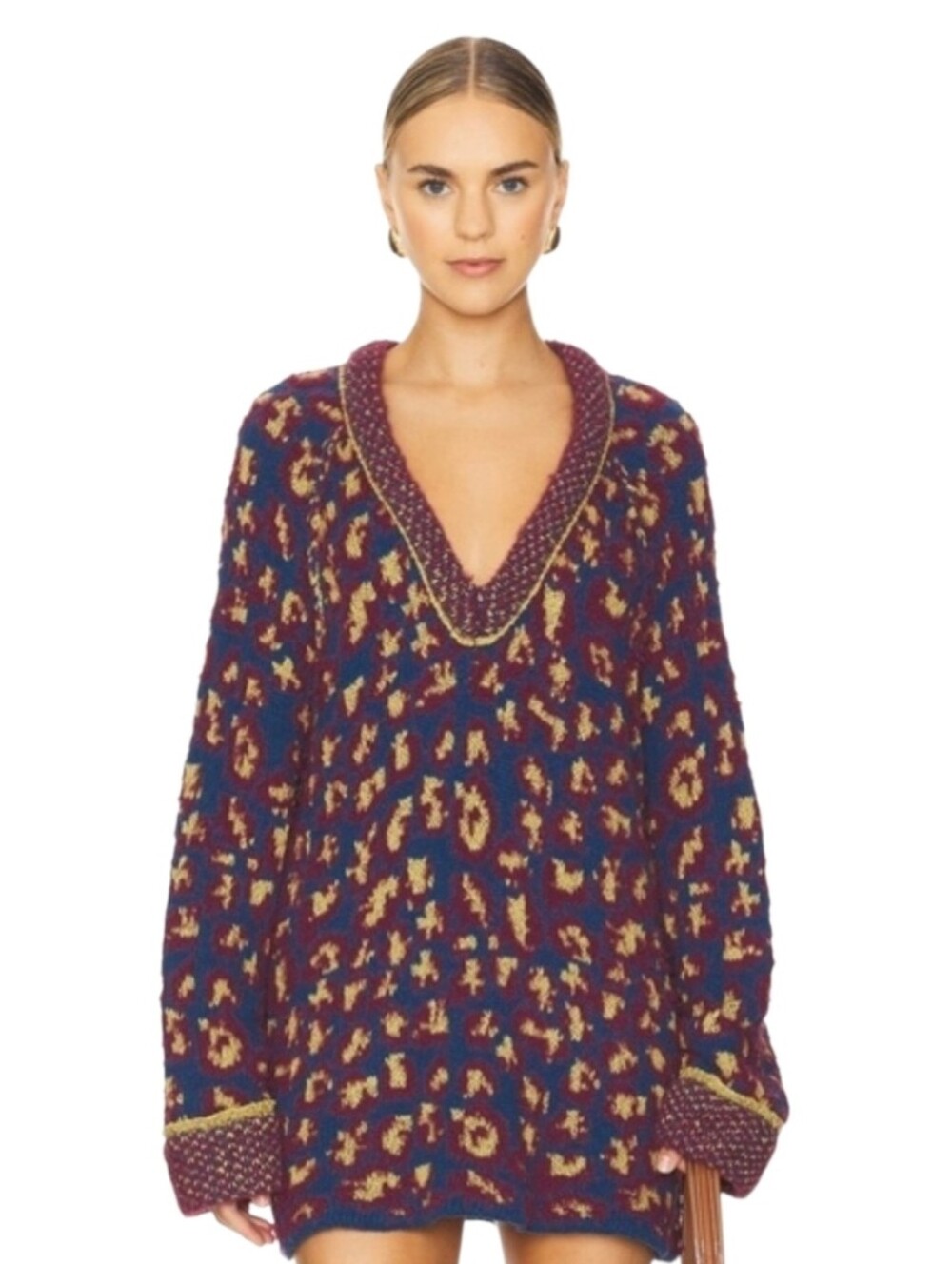 Free People Little Animal Blue Fig Combo Oversize Chunky Knit Sweater. Medium